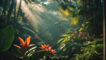 Exploring a Lush Tropical Forest with Sunlight Streaming Through Canopy photo
