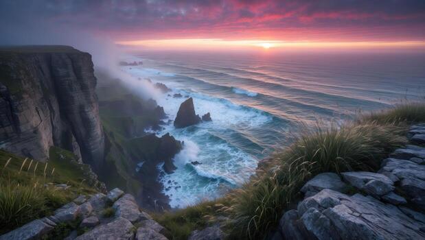 「海岸風景」 Cliffside Overlooking Ocean at Colorful Sunset with Island