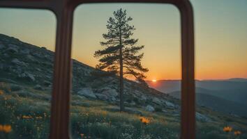 Viewing Mountain Landscape Through Window at Sunset with a Lone Tree photo