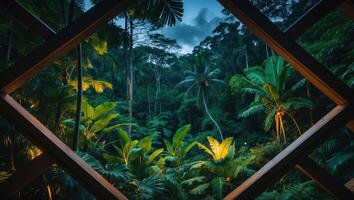 Viewing Lush Tropical Jungle Through Geometric Window Frame at Dusk photo