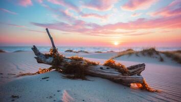 Driftwood on Sandy Beach During Sunset with Colorful Sky photo