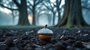 Acorn on Forest Floor with Misty Tree Background at Sunrise photo