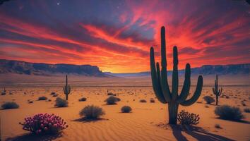 Dramatic Desert Landscape with Cactus Silhouettes and Colorful Sunset Sky photo
