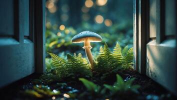 Mushroom Growing Among Ferns Viewed Through a Frame with Bokeh photo