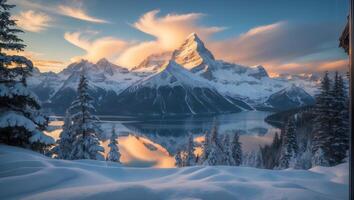 Snowy Mountain Peaks Reflecting in Lake During Winter Sunset Scenery photo