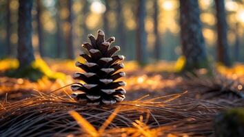 Pine Cone Resting on Needles in Forest with Golden Light photo