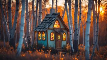 Tiny House in Forest with Stained Glass Windows and Sunset Glow photo