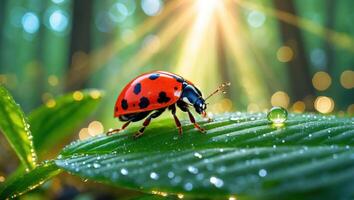 Ladybug Walking on Leaf with Water Drops and Bokeh Background photo