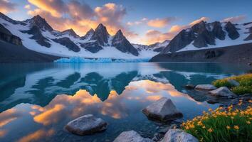 Reflecting Mountain Peaks Over Tranquil Lake with Yellow Wildflowers at Sunset photo