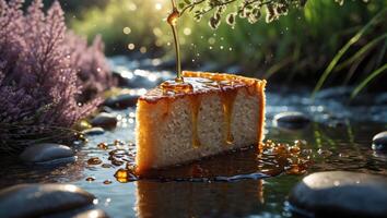 Cake Slice with Dripping Syrup in Stream Natural Light photo