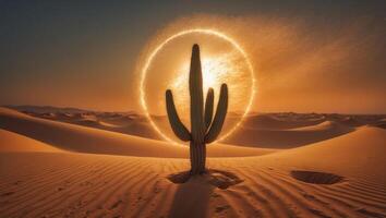 Cactus Standing Tall in Desert with Glowing Light Circle Background photo