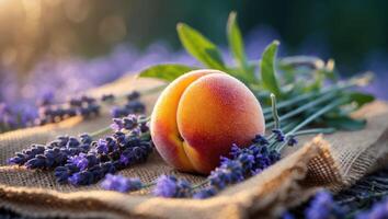 Peach with Lavender Flowers on Burlap Fabric in a Garden Setting photo