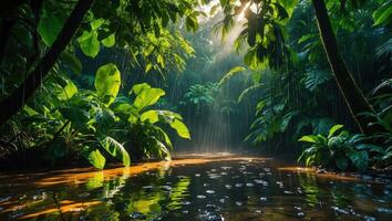 Rain Falling in Tropical Forest Scene with Water Reflection photo