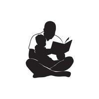 Father and child reading together black and white silhouette vector