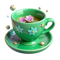 serene classic Green Teacup and Saucer Floral Pattern Isolated Element original png
