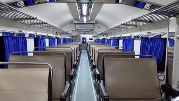Train seats or train interior, empty passengers in train carriages photo