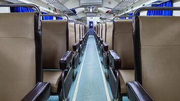 Train seats or interior of the train. empty passengers in the economy class train carriage photo