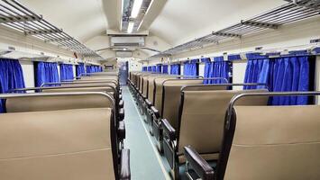 Train seats or interior of the train, empty passengers in the economy class train carriage photo