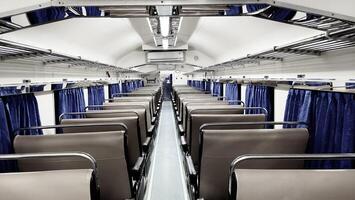 Train seats or interior of the train, empty passengers in the economy class train carriage, photo