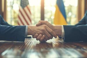 Two men shaking hands in a professional setting, representing cooperation and diplomacy, with flags in the background. photo