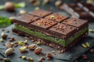 Decadent layered chocolate bar with matcha, decorated with cocoa and pistachios. photo