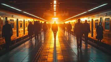 A group of commuters at a subway station silhouetted against a striking sunset, creating a dramatic urban atmosphere. photo