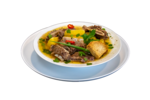 Generated ImTraditional rustic Brazilian soup known as vaca atolada, prepared with cassava and beef ribsage png