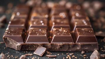 Close-up of rich dark chocolate bar with textured surface, scattered chocolate pieces and crumbs creating a delicious dessert ambiance. photo