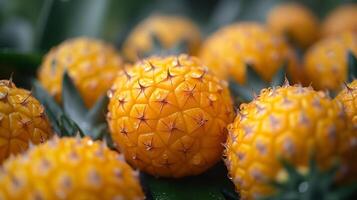 Fresh ripe pineapples glistening with dew, showcasing their vibrant yellow color and unique texture. photo