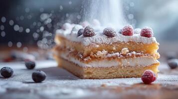 A delicious layered cake topped with fresh raspberries and blueberries, dusted with powdered sugar and set against a soft-focus background. photo
