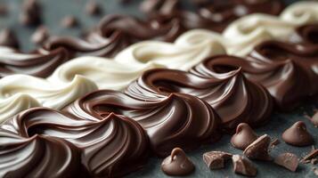 An enticing display of dark and white chocolate swirls, highlighting rich texture and creamy appeal. photo