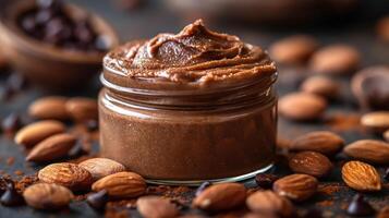 A creamy chocolate spread in a glass jar surrounded by coffee beans and almonds, creating an inviting and indulgent atmosphere. photo