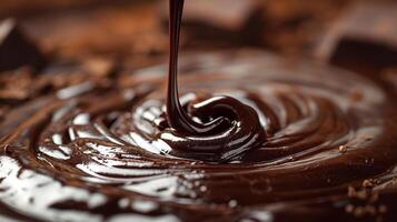 Close-up of rich, dark chocolate swirling in a glossy pool, highlighting its smooth texture. photo