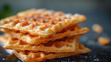 A stack of freshly made golden waffles drizzled with syrup, topped with powdered sugar. photo