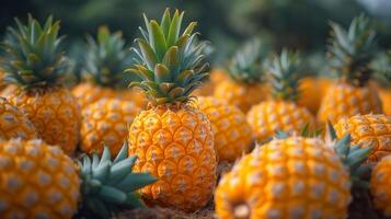 Ripe pineapples glow under sunlight, showcasing their vibrant yellow color and spiky green tops in a lush field. photo