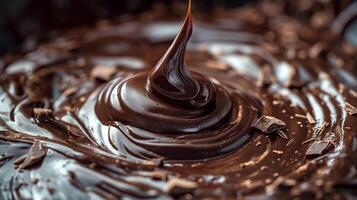 Close-up of rich, glossy melted chocolate artfully swirled, creating a tempting and indulgent dessert essence. photo