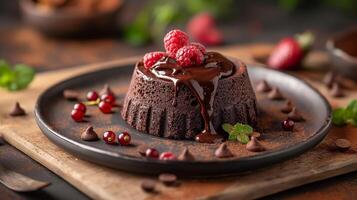 A decadent chocolate lava cake topped with fresh raspberries and drizzled with chocolate sauce, beautifully plated on a rustic wooden board. photo