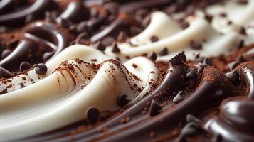 A scrumptious display of smooth chocolate textures in rich dark, creamy white, and milk chocolate layers, adorned with chocolate chips. photo