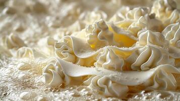 Close-up of delicate whipped cream swirls atop a frothy surface, creating an inviting and sweet atmosphere. photo