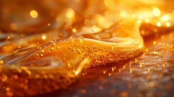 A mesmerizing close-up of golden liquid with bubbles, capturing an ethereal glow and texture. photo
