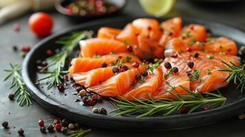 Freshly sliced salmon garnished with herbs and spices on a black plate, highlighting vibrant colors and textures. photo