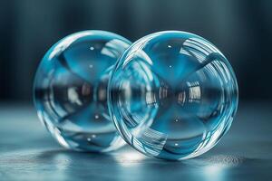 Two clear glass spheres with a blue tint reflecting soft light, creating an elegant and serene atmosphere. photo