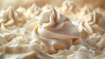 Close-up of creamy whipped topping, showcasing its smooth texture and elegant swirls. photo