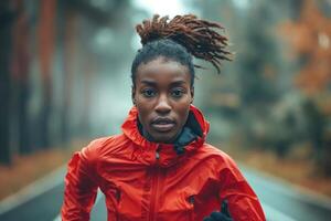 A young Black woman with textured hair jogs energetically on a misty forest path, dressed in a bright red running jacket. photo
