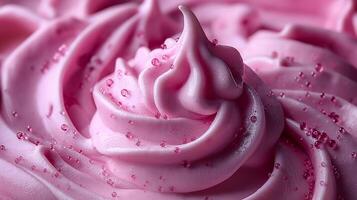 Close-up of delicious pink frosting with a glossy finish, showcasing intricate swirls and pearly sprinkles. photo