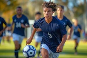 A young Black male soccer player in motion, focused on the ball while teammates support him in the background. photo