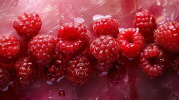 Fresh, ripe red raspberries glisten with dew, showcasing their vibrant color and juicy texture on a blurred pink background. photo