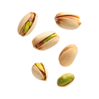Pistachio nuts falling floating, peeled kernels shells split open isolated on transparent background png