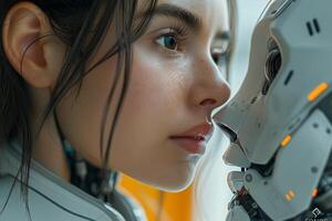 A close-up of a young Caucasian woman interacting with an advanced humanoid robot, showcasing emotion and innovation. photo