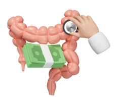 3d healthy colon with stack banknotes, doctor hand holding stethoscope isolated. check colon health, health check cost concept, 3d illustration render png